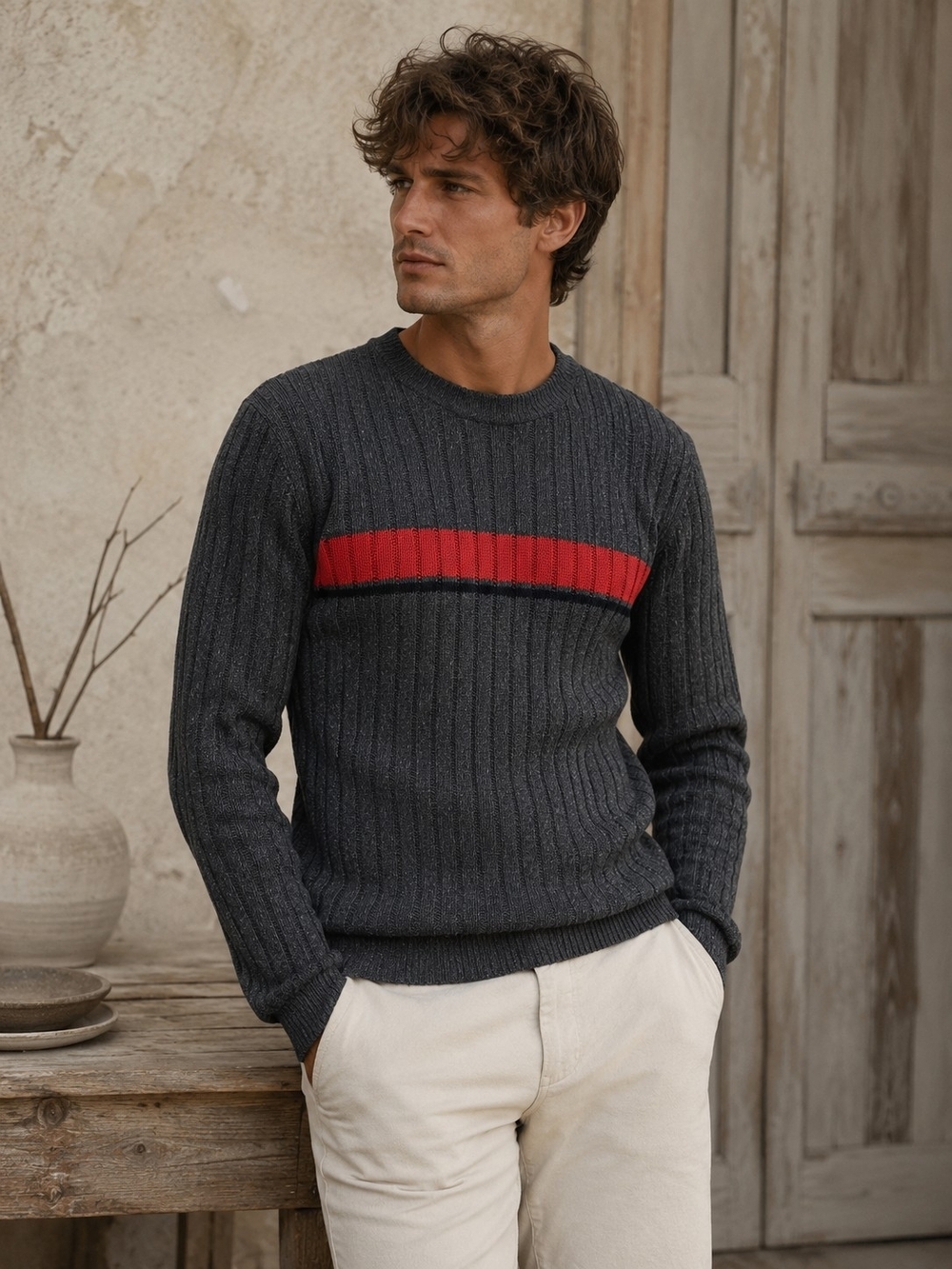 Ribbed Knit Sweater Gray Red Stripe Minimalist Quiet Luxury Streetwear Men's M
